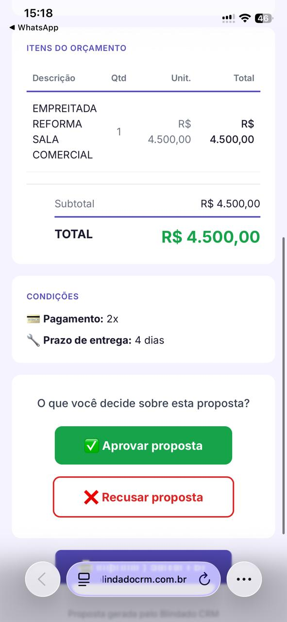 Tela de orçamento